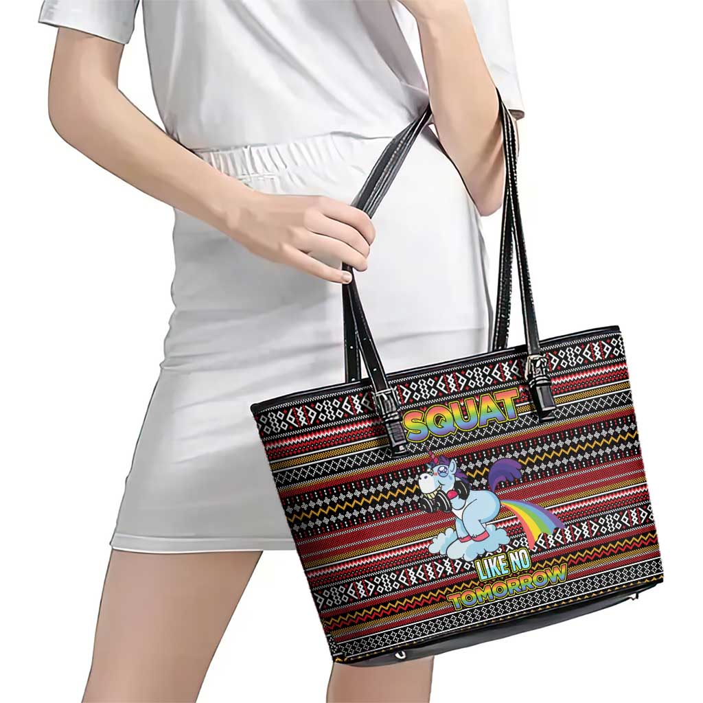 Funny Unicorn Workout Leather Tote Bag with Squat Like No Tomorrow Quote and Rainbow Tribal - Wonder Print Shop