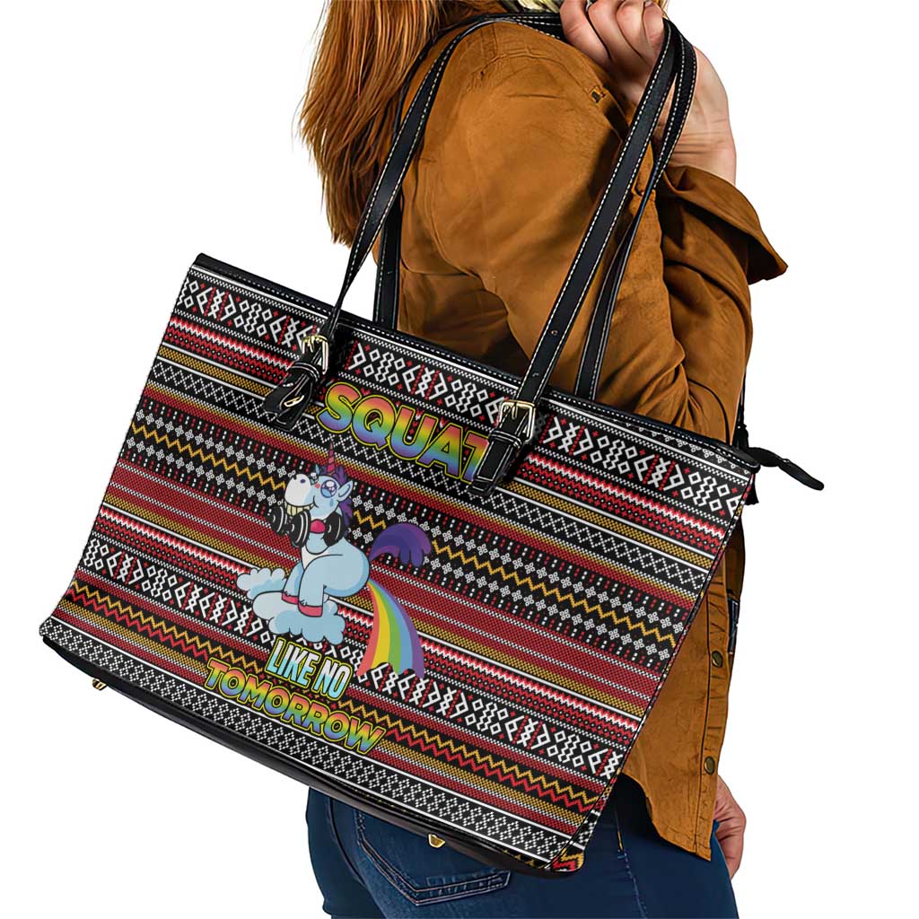 Funny Unicorn Workout Leather Tote Bag with Squat Like No Tomorrow Quote and Rainbow Tribal - Wonder Print Shop