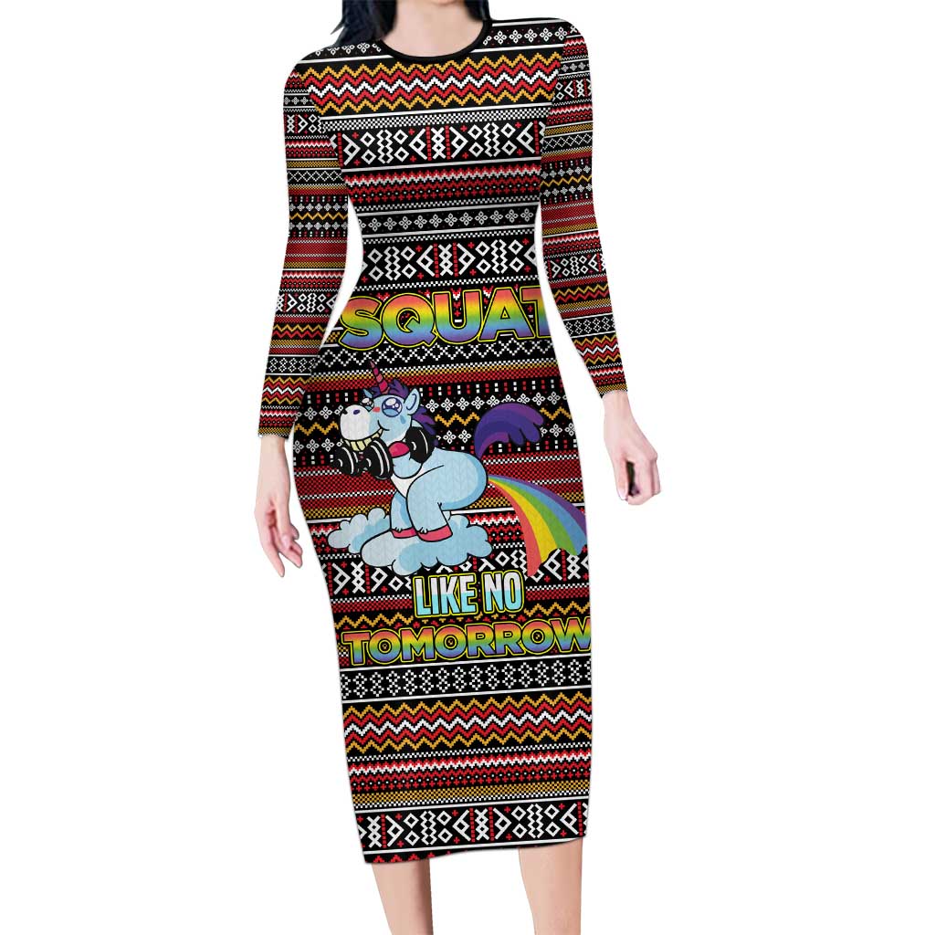 Funny Unicorn Workout Long Sleeve Bodycon Dress with Squat Like No Tomorrow Quote and Rainbow Tribal - Wonder Print Shop