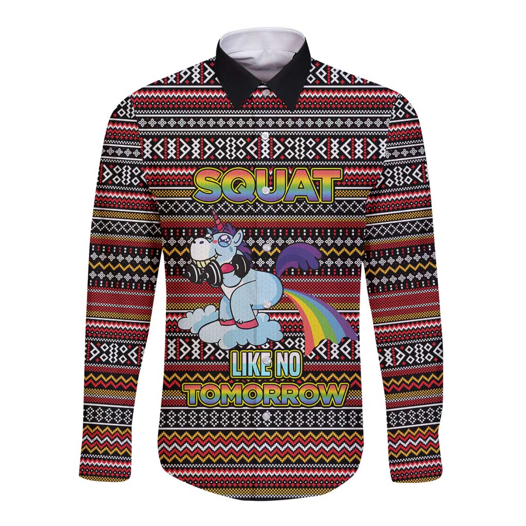 Funny Unicorn Workout Long Sleeve Button Shirt with Squat Like No Tomorrow Quote and Rainbow Tribal - Wonder Print Shop