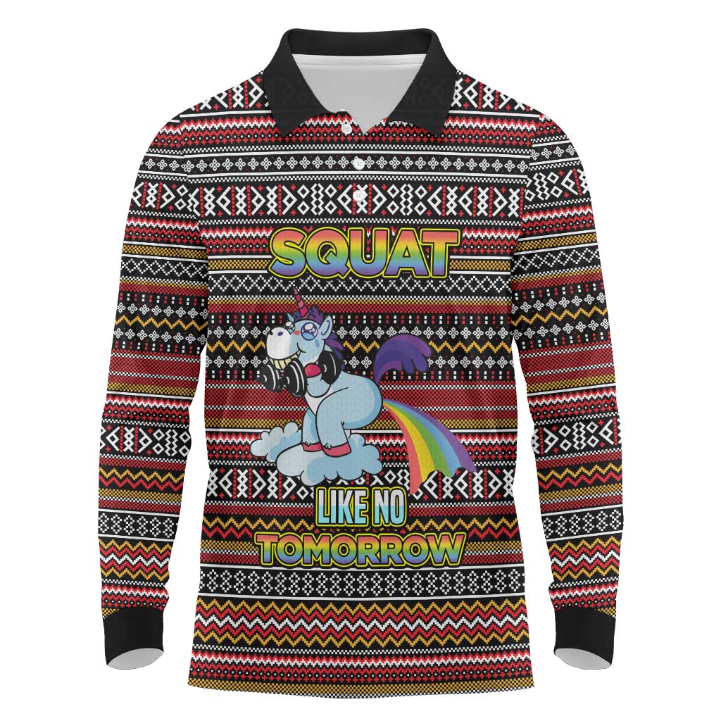 Funny Unicorn Workout Long Sleeve Polo Shirt with Squat Like No Tomorrow Quote and Rainbow Tribal - Wonder Print Shop