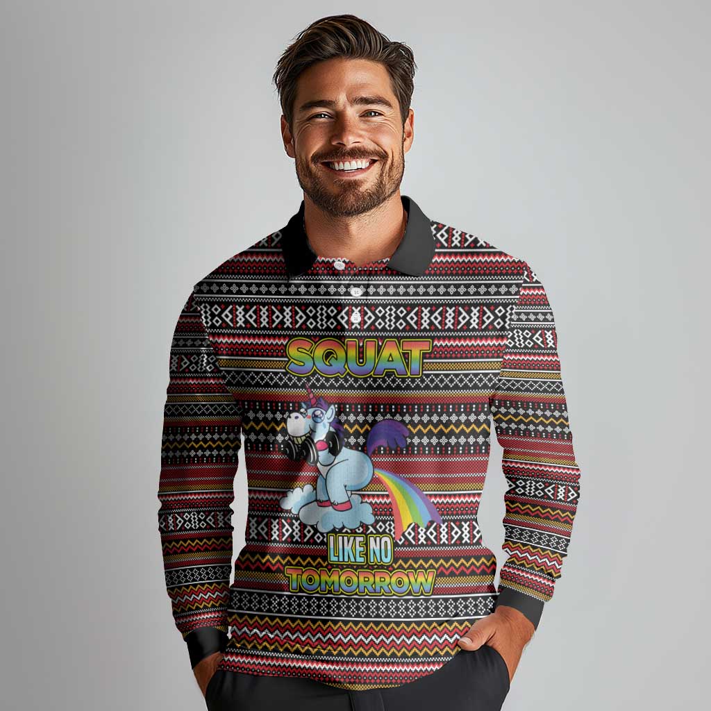 Funny Unicorn Workout Long Sleeve Polo Shirt with Squat Like No Tomorrow Quote and Rainbow Tribal - Wonder Print Shop