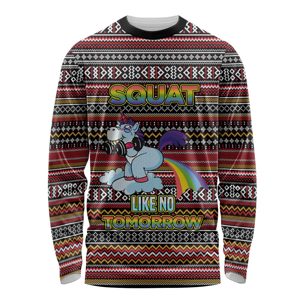 Funny Unicorn Workout Long Sleeve Shirt with Squat Like No Tomorrow Quote and Rainbow Tribal - Wonder Print Shop