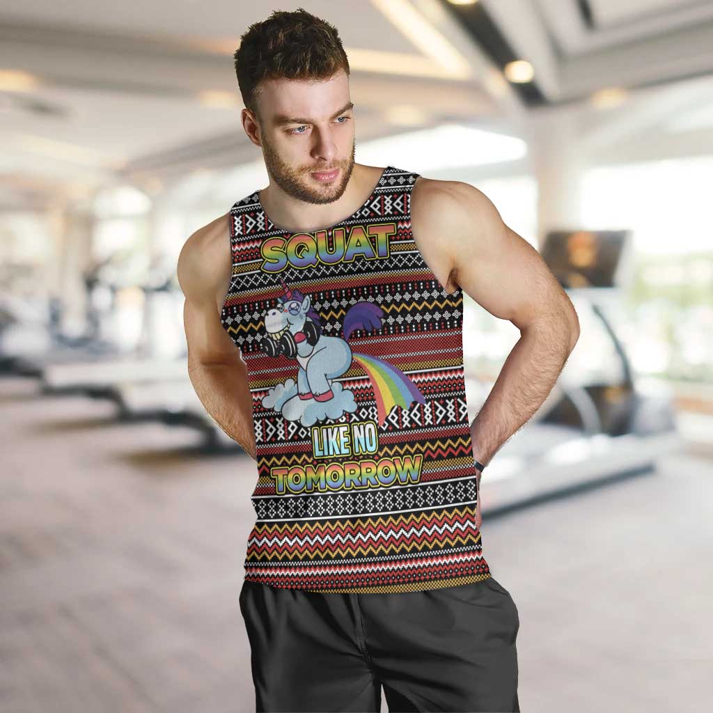 Funny Unicorn Workout Men Tank Top with Squat Like No Tomorrow Quote and Rainbow Tribal - Wonder Print Shop