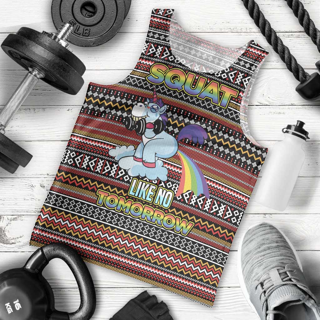 Funny Unicorn Workout Men Tank Top with Squat Like No Tomorrow Quote and Rainbow Tribal - Wonder Print Shop