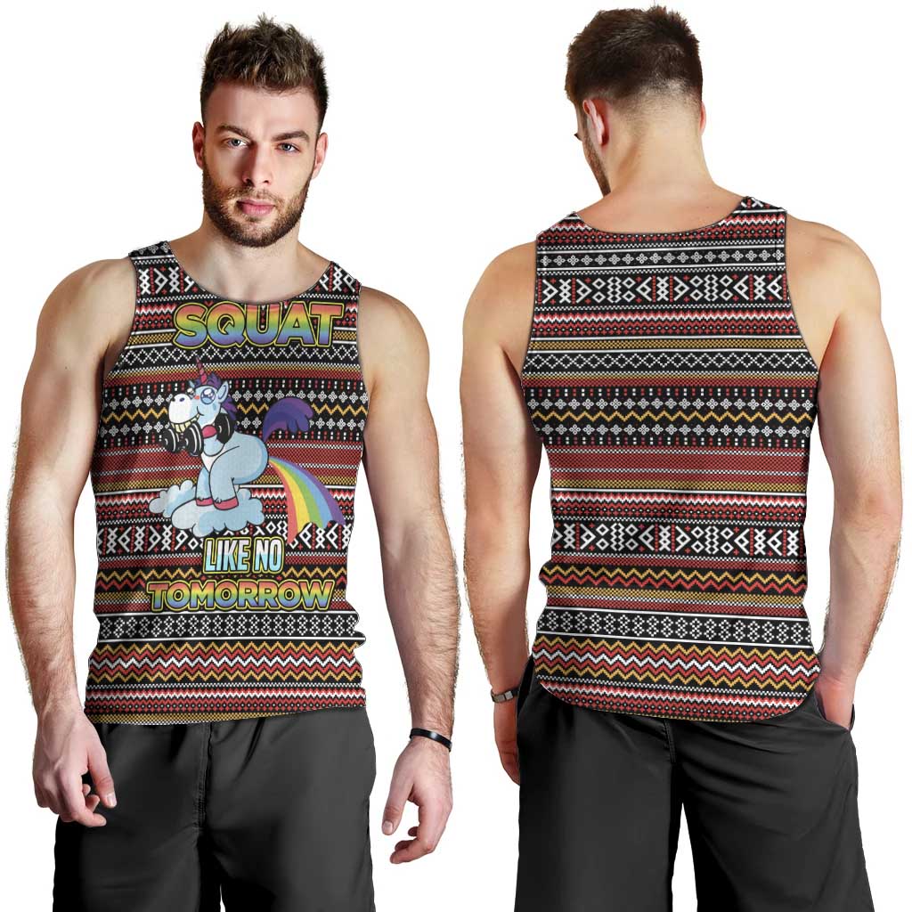 Funny Unicorn Workout Men Tank Top with Squat Like No Tomorrow Quote and Rainbow Tribal - Wonder Print Shop