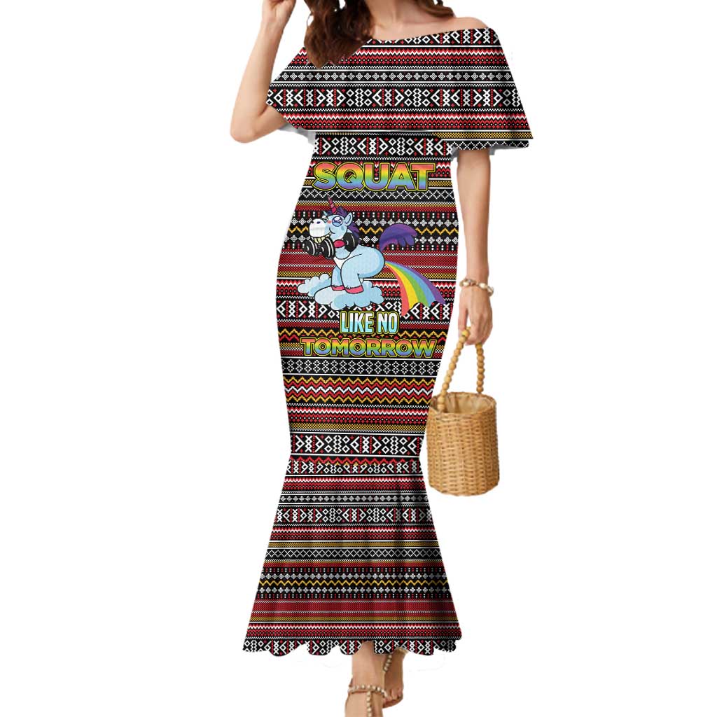 Funny Unicorn Workout Mermaid Dress with Squat Like No Tomorrow Quote and Rainbow Tribal - Wonder Print Shop