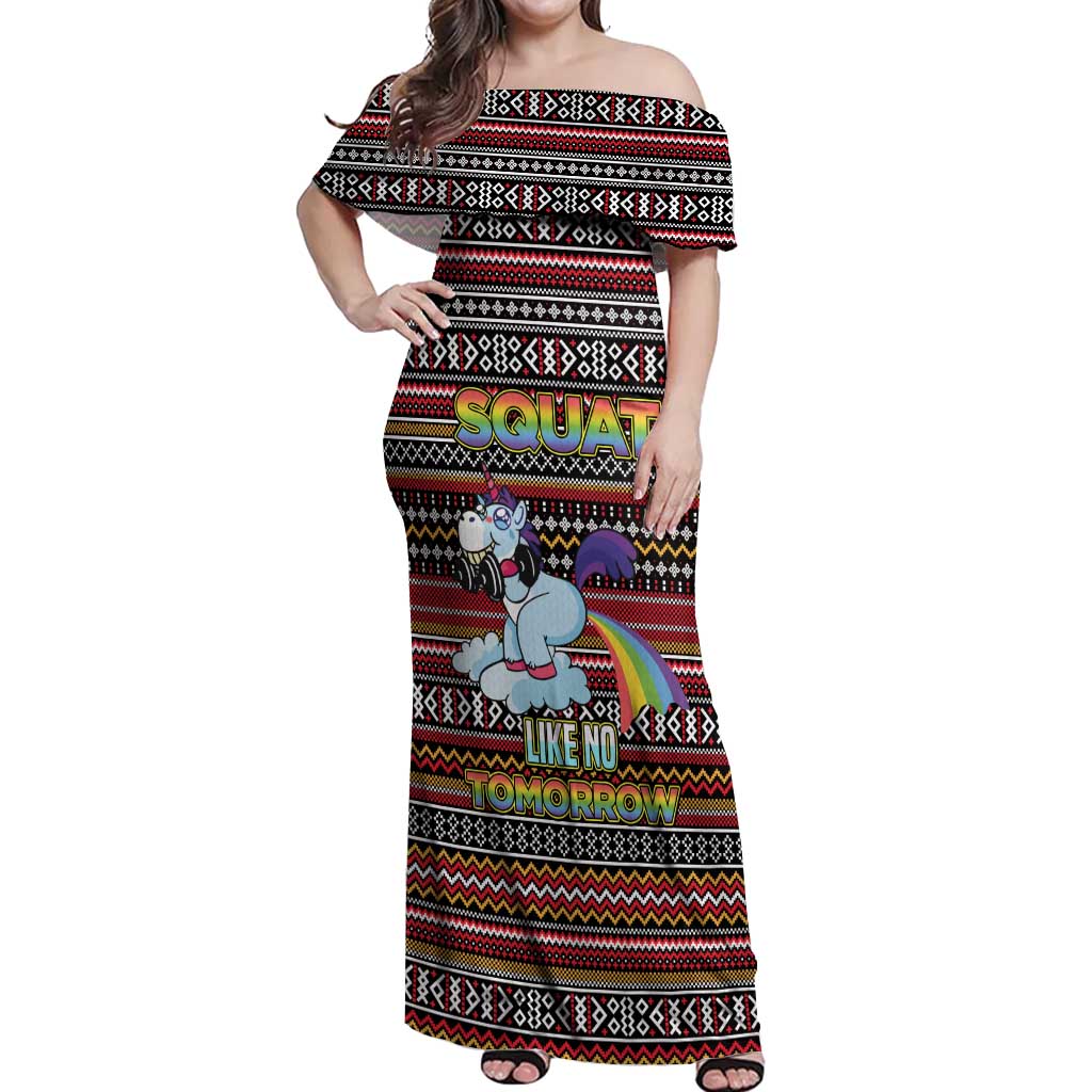 Funny Unicorn Workout Off Shoulder Maxi Dress with Squat Like No Tomorrow Quote and Rainbow Tribal - Wonder Print Shop