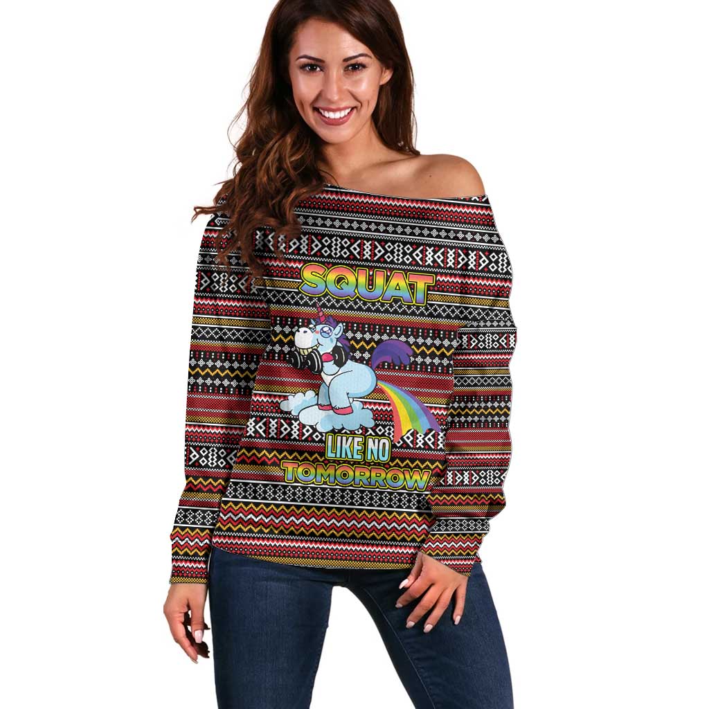 Funny Unicorn Workout Off Shoulder Sweater with Squat Like No Tomorrow Quote and Rainbow Tribal - Wonder Print Shop