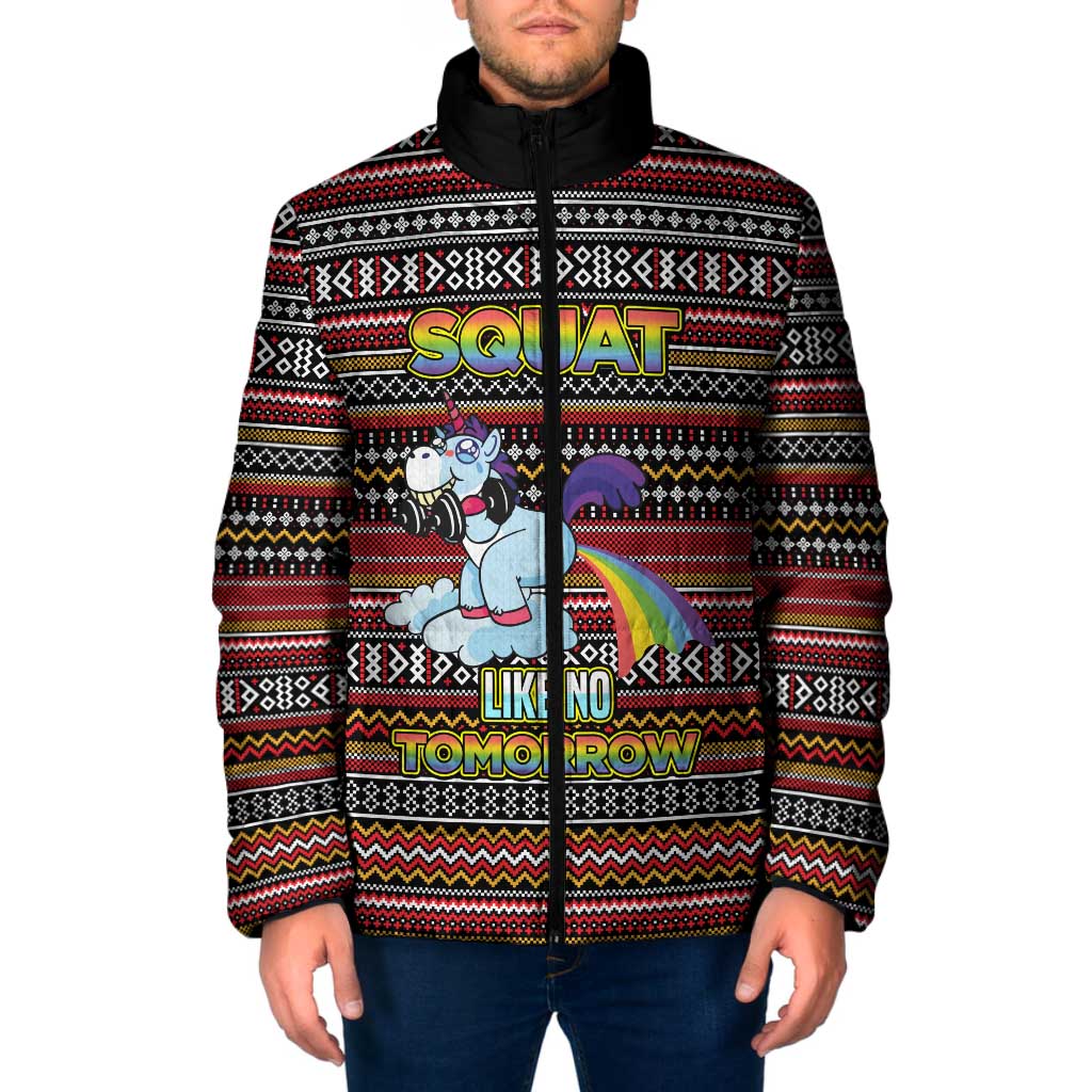 Funny Unicorn Workout Padded Jacket with Squat Like No Tomorrow Quote and Rainbow Tribal - Wonder Print Shop