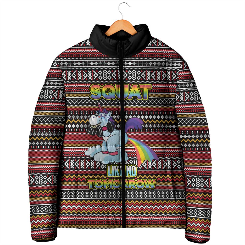 Funny Unicorn Workout Padded Jacket with Squat Like No Tomorrow Quote and Rainbow Tribal - Wonder Print Shop