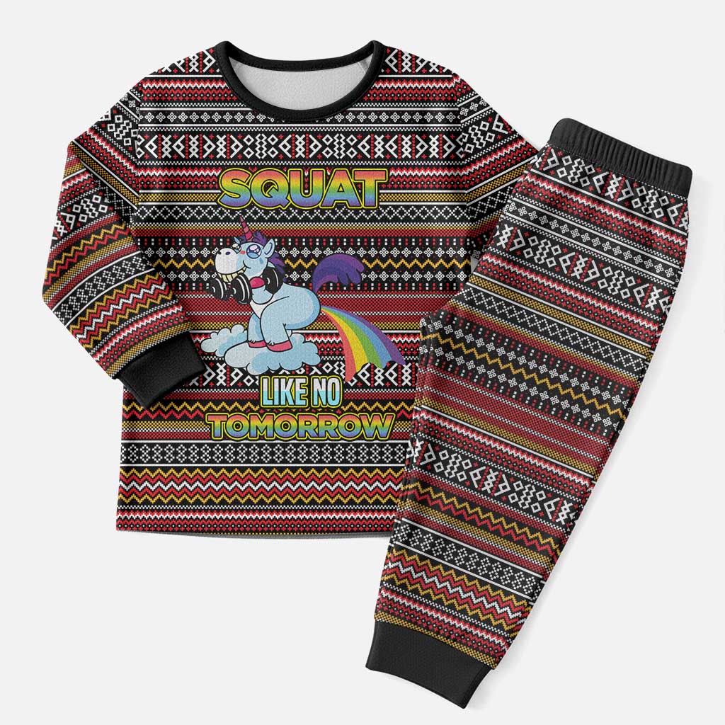 Funny Unicorn Workout Christmas Pajama Set with Squat Like No Tomorrow Quote and Rainbow Tribal - Wonder Print Shop