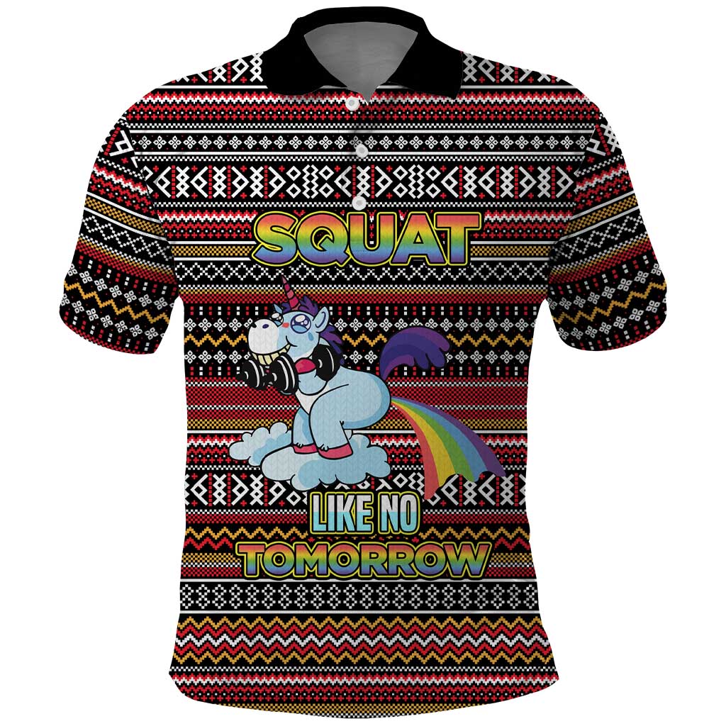 Funny Unicorn Workout Polo Shirt with Squat Like No Tomorrow Quote and Rainbow Tribal - Wonder Print Shop