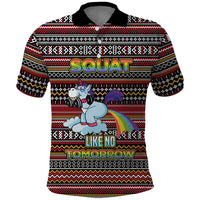 Funny Unicorn Workout Polo Shirt with Squat Like No Tomorrow Quote and Rainbow Tribal - Wonder Print Shop