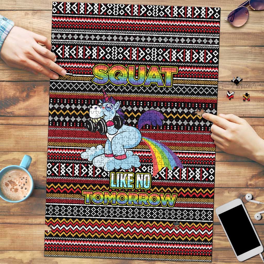 Funny Unicorn Workout Puzzle with Squat Like No Tomorrow Quote and Rainbow Tribal - Wonder Print Shop