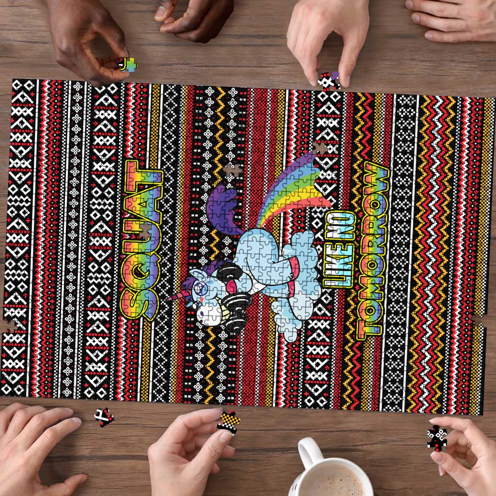 Funny Unicorn Workout Puzzle with Squat Like No Tomorrow Quote and Rainbow Tribal - Wonder Print Shop