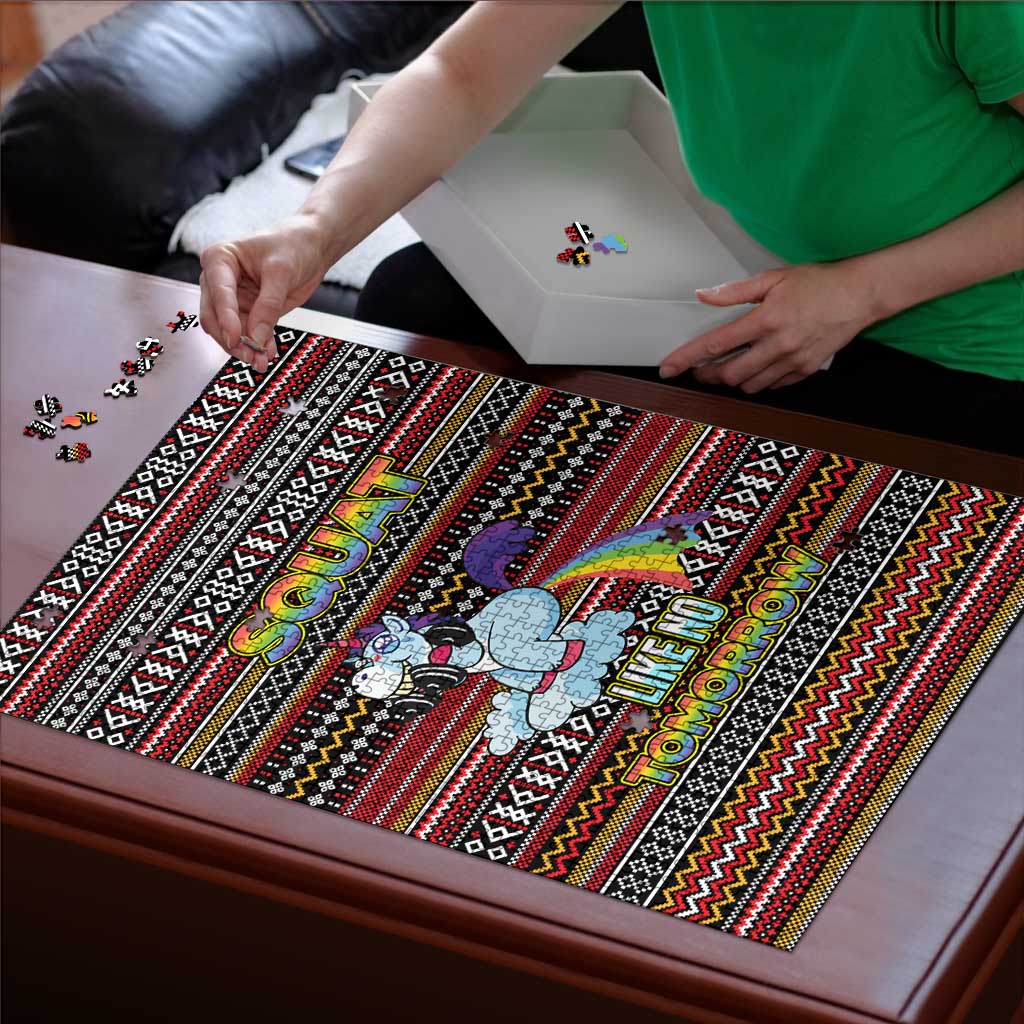 Funny Unicorn Workout Puzzle with Squat Like No Tomorrow Quote and Rainbow Tribal - Wonder Print Shop