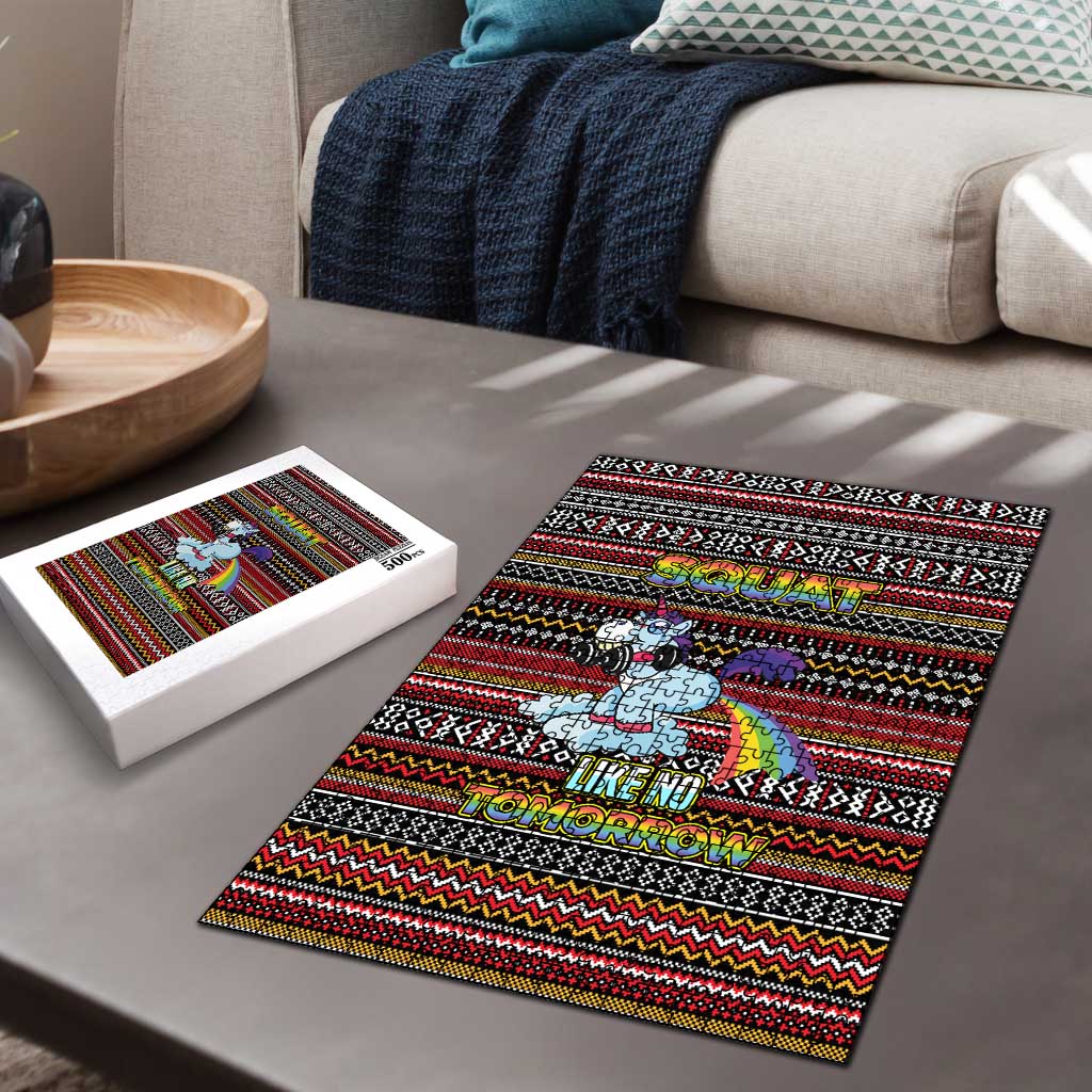 Funny Unicorn Workout Puzzle with Squat Like No Tomorrow Quote and Rainbow Tribal - Wonder Print Shop