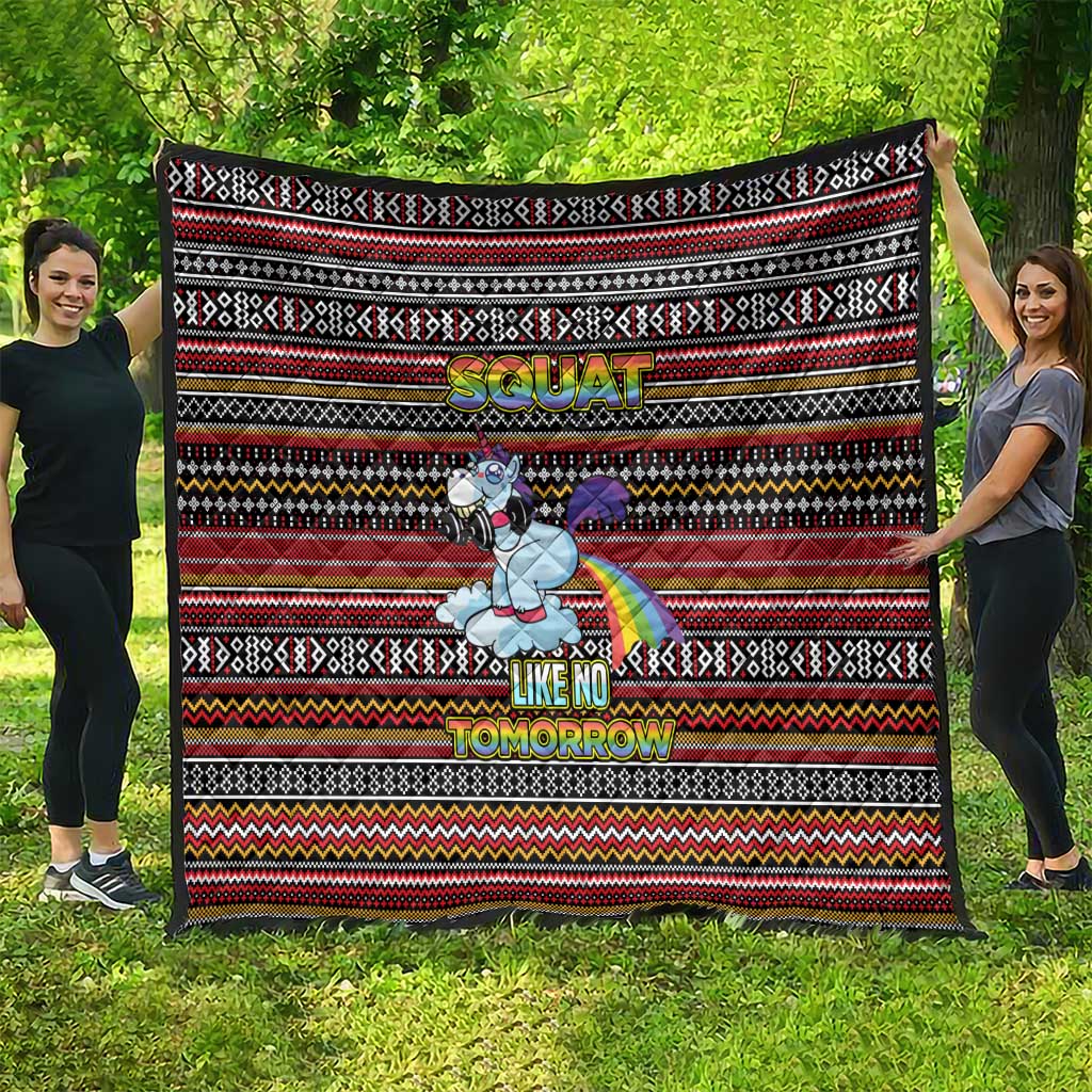 Funny Unicorn Workout Quilt with Squat Like No Tomorrow Quote and Rainbow Tribal - Wonder Print Shop
