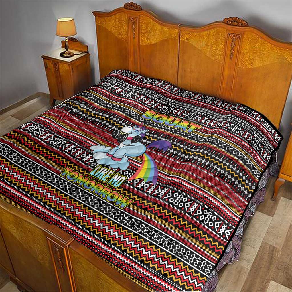 Funny Unicorn Workout Quilt with Squat Like No Tomorrow Quote and Rainbow Tribal - Wonder Print Shop