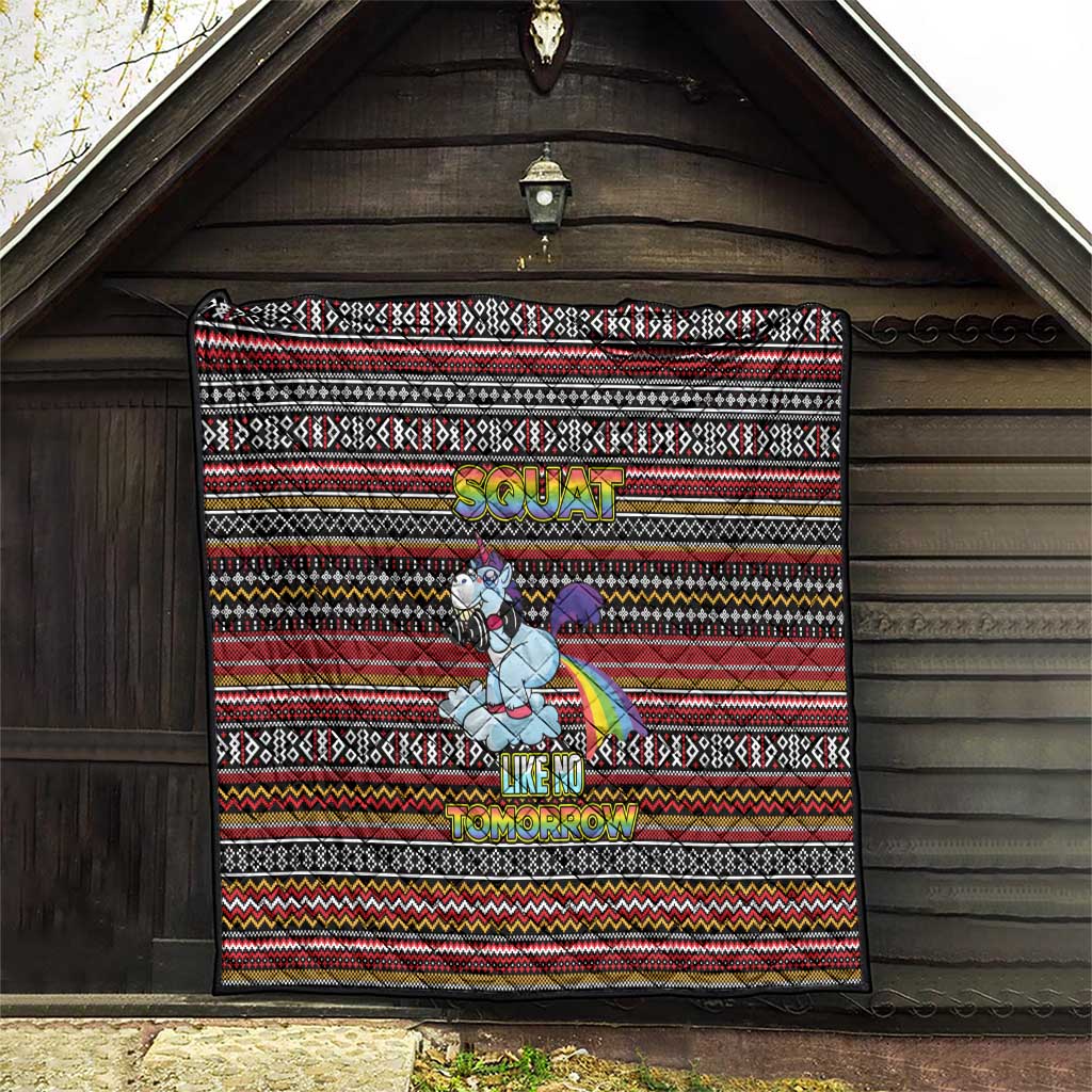 Funny Unicorn Workout Quilt with Squat Like No Tomorrow Quote and Rainbow Tribal - Wonder Print Shop