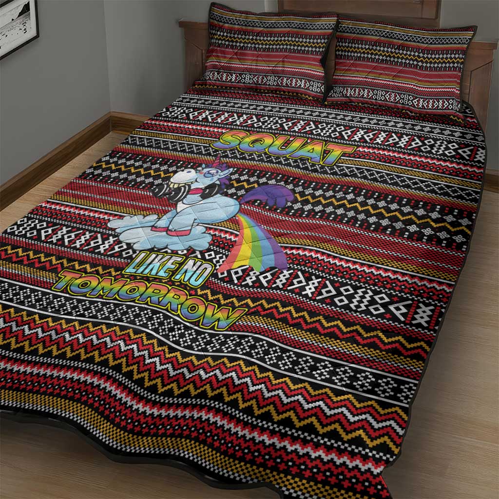 Funny Unicorn Workout Quilt Bed Set with Squat Like No Tomorrow Quote and Rainbow Tribal - Wonder Print Shop