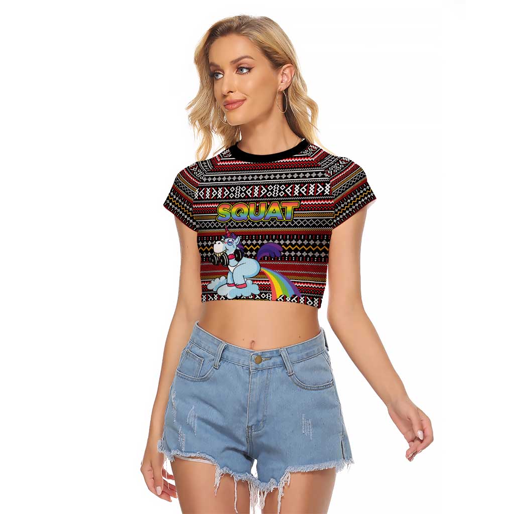 Funny Unicorn Workout Raglan Cropped T Shirt with Squat Like No Tomorrow Quote and Rainbow Tribal - Wonder Print Shop