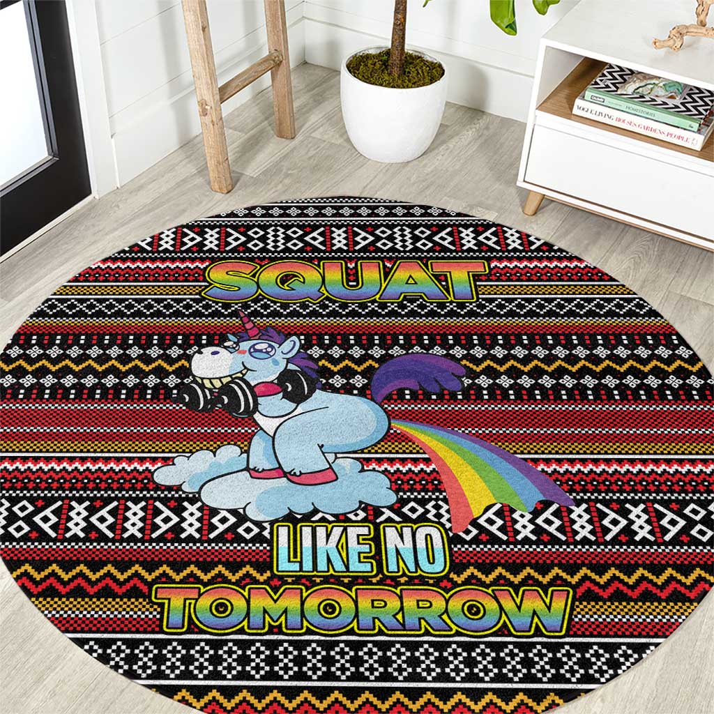 Funny Unicorn Workout Round Carpet with Squat Like No Tomorrow Quote and Rainbow Tribal - Wonder Print Shop
