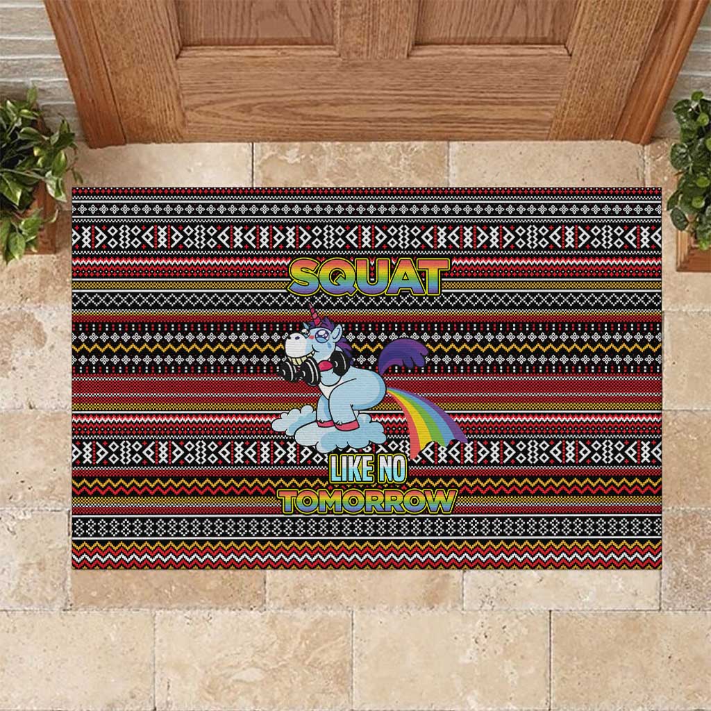 Funny Unicorn Workout Rubber Doormat with Squat Like No Tomorrow Quote and Rainbow Tribal - Wonder Print Shop