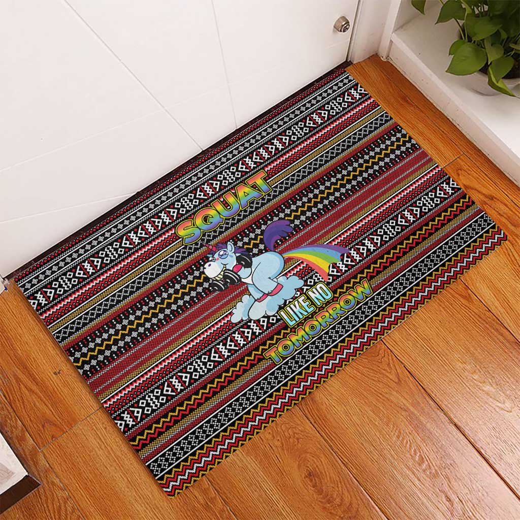 Funny Unicorn Workout Rubber Doormat with Squat Like No Tomorrow Quote and Rainbow Tribal - Wonder Print Shop