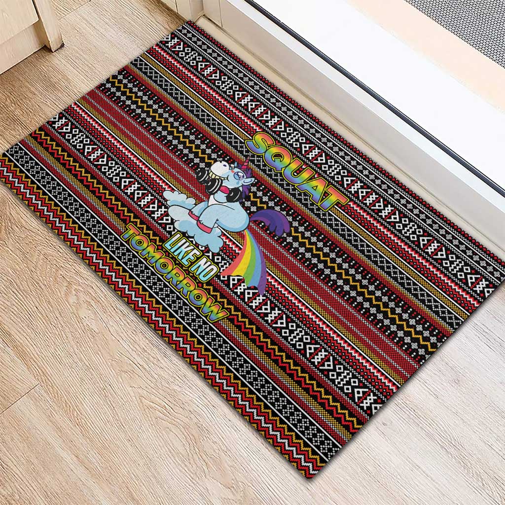 Funny Unicorn Workout Rubber Doormat with Squat Like No Tomorrow Quote and Rainbow Tribal - Wonder Print Shop
