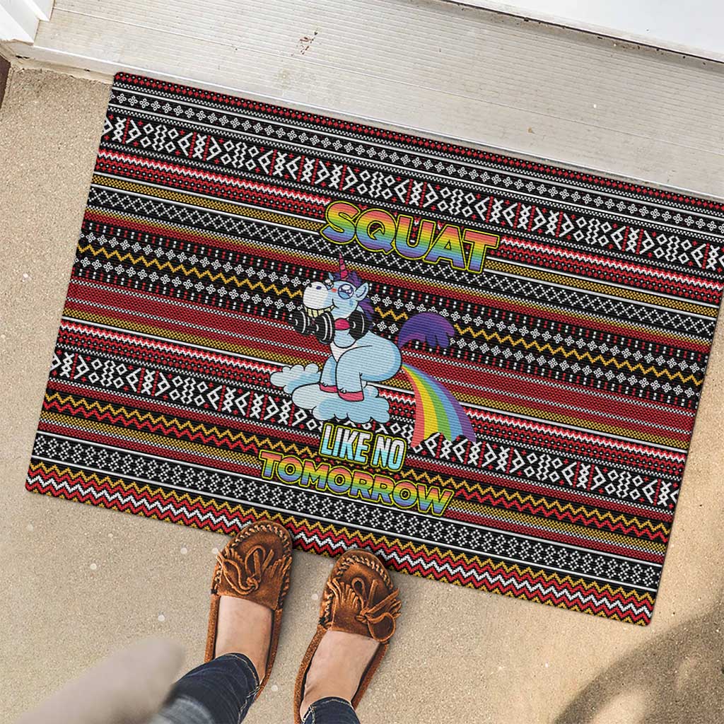 Funny Unicorn Workout Rubber Doormat with Squat Like No Tomorrow Quote and Rainbow Tribal - Wonder Print Shop