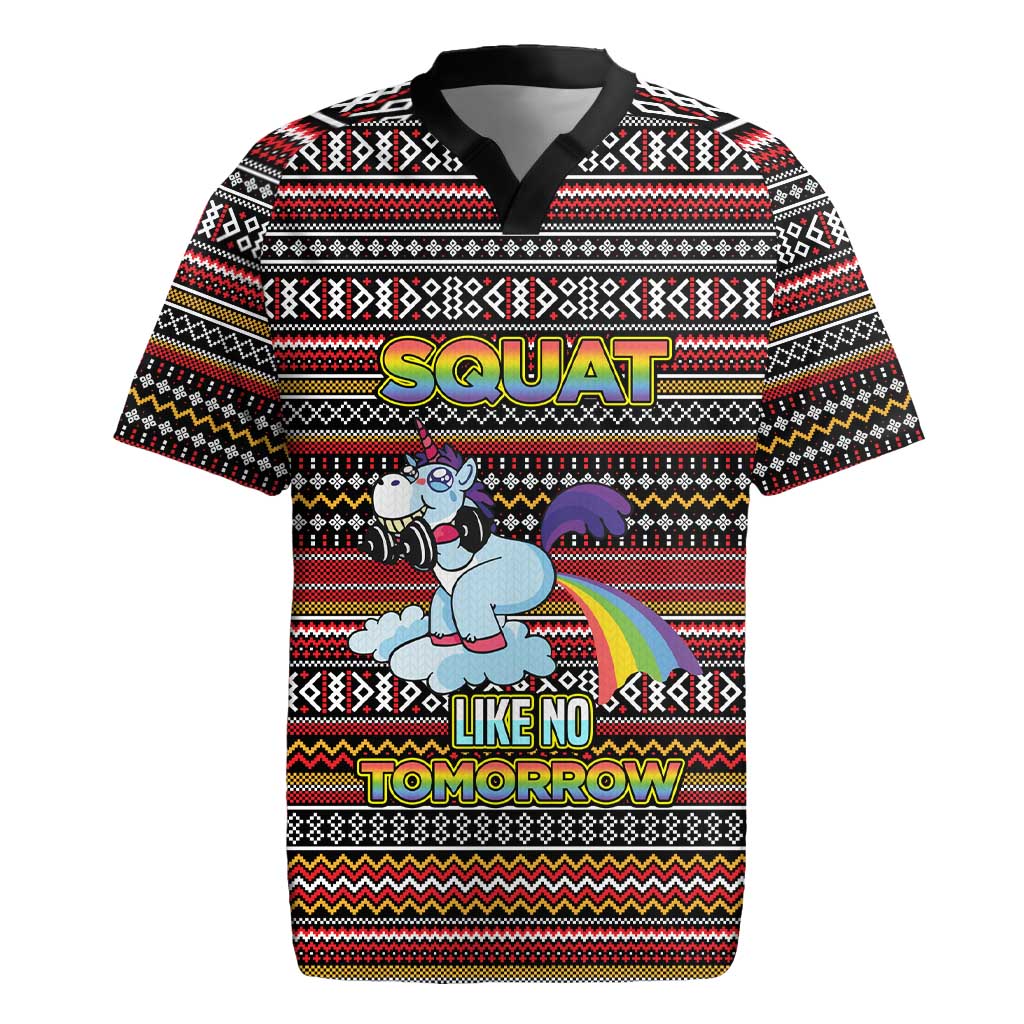 Funny Unicorn Workout Rugby Jersey with Squat Like No Tomorrow Quote and Rainbow Tribal - Wonder Print Shop