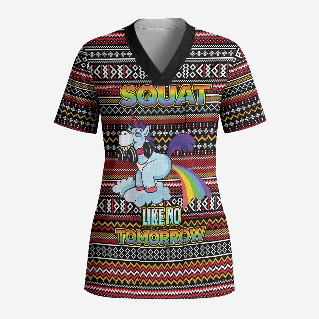Funny Unicorn Workout Scrub Top with Squat Like No Tomorrow Quote and Rainbow Tribal - Wonder Print Shop