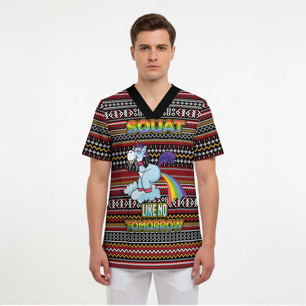Funny Unicorn Workout Scrub Top with Squat Like No Tomorrow Quote and Rainbow Tribal - Wonder Print Shop