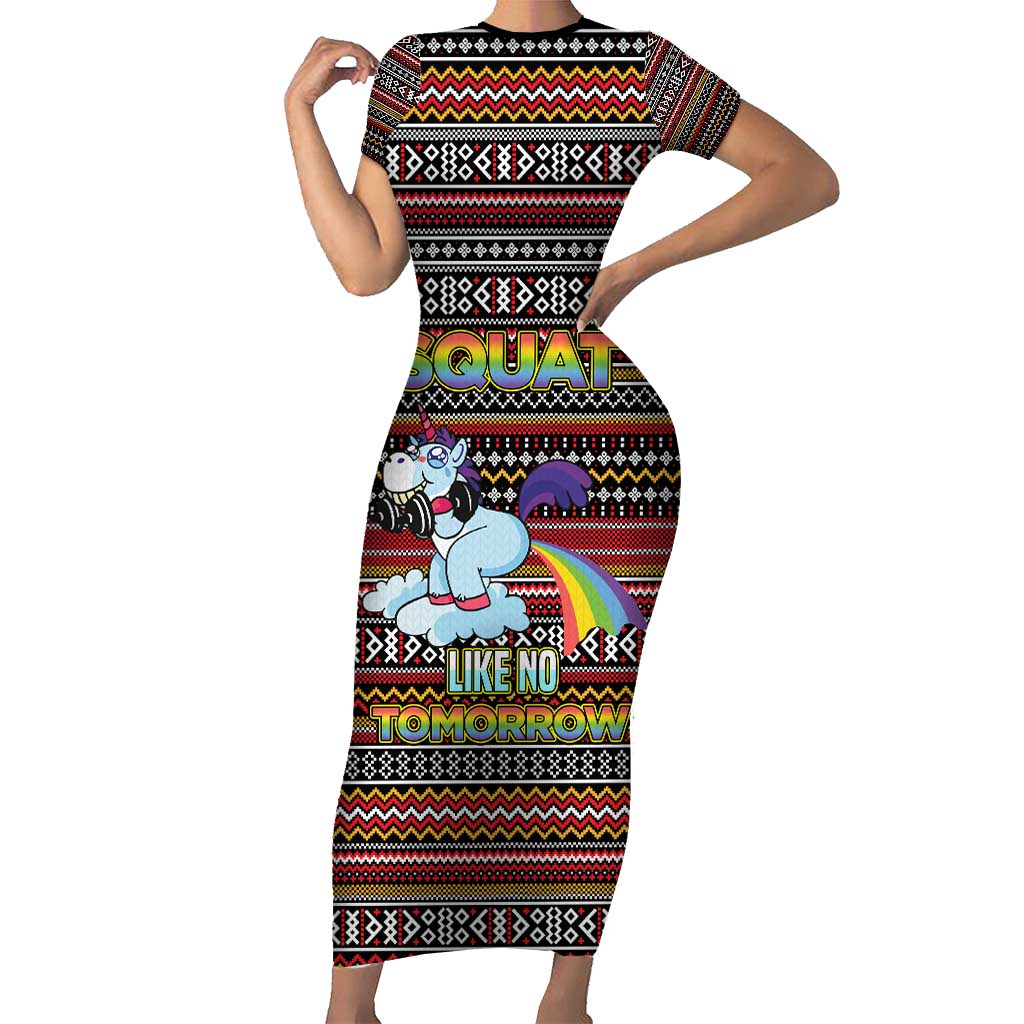 Funny Unicorn Workout Short Sleeve Bodycon Dress with Squat Like No Tomorrow Quote and Rainbow Tribal - Wonder Print Shop