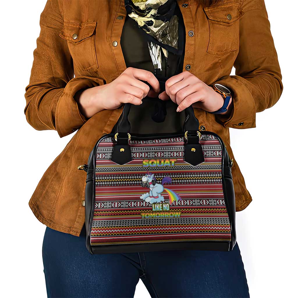Funny Unicorn Workout Shoulder Handbag with Squat Like No Tomorrow Quote and Rainbow Tribal - Wonder Print Shop