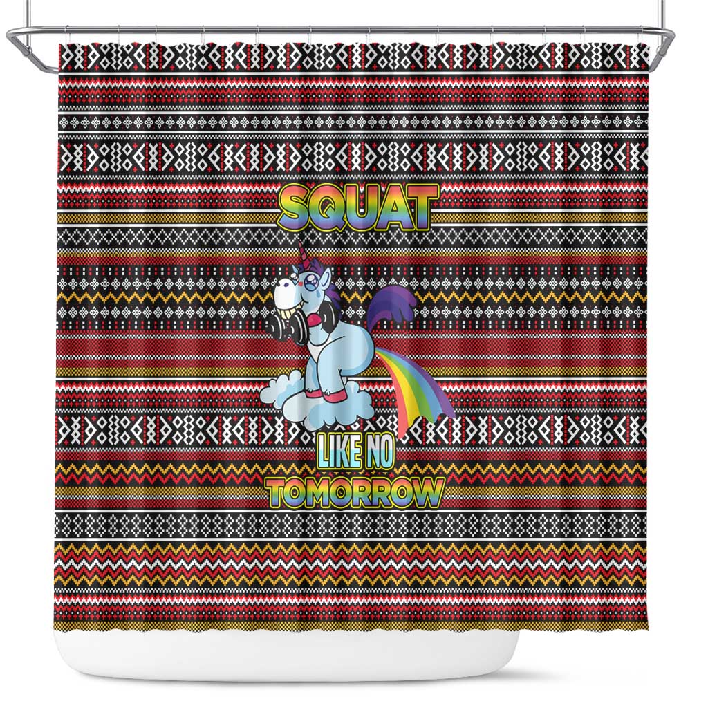 Funny Unicorn Workout Shower Curtain with Squat Like No Tomorrow Quote and Rainbow Tribal - Wonder Print Shop