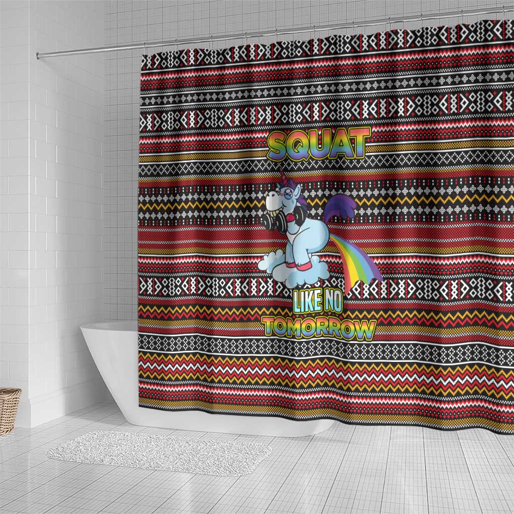 Funny Unicorn Workout Shower Curtain with Squat Like No Tomorrow Quote and Rainbow Tribal - Wonder Print Shop