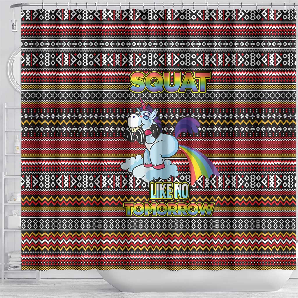 Funny Unicorn Workout Shower Curtain with Squat Like No Tomorrow Quote and Rainbow Tribal - Wonder Print Shop