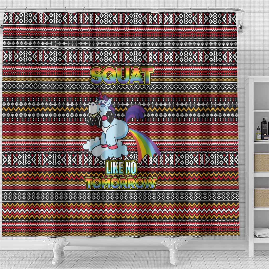Funny Unicorn Workout Shower Curtain with Squat Like No Tomorrow Quote and Rainbow Tribal - Wonder Print Shop