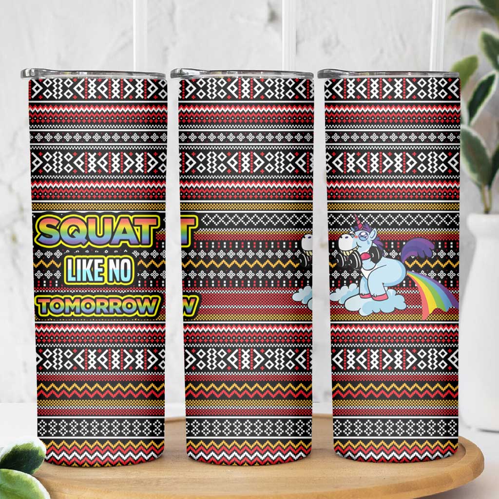 Funny Unicorn Workout Skinny Tumbler with Squat Like No Tomorrow Quote and Rainbow Tribal - Wonder Print Shop
