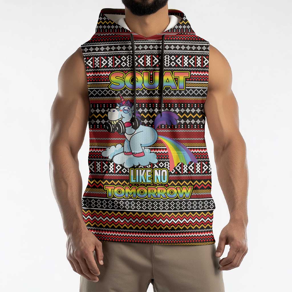 Funny Unicorn Workout Sleeveless Hoodie with Squat Like No Tomorrow Quote and Rainbow Tribal - Wonder Print Shop