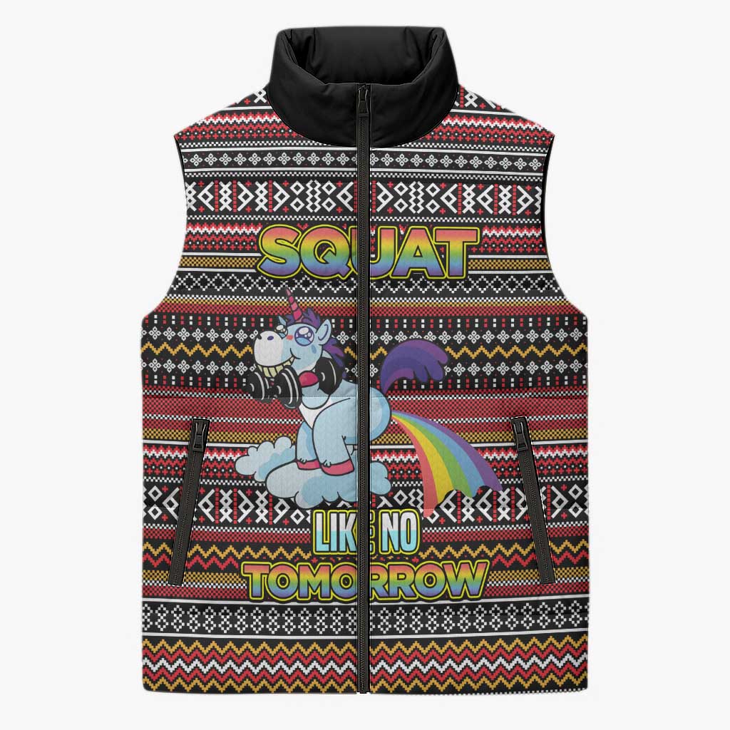 Funny Unicorn Workout Sleeveless Puffer Jacket with Squat Like No Tomorrow Quote and Rainbow Tribal - Wonder Print Shop