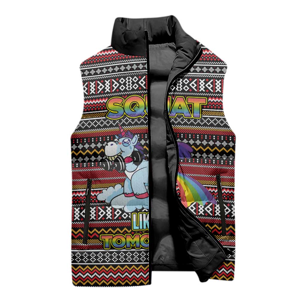 Funny Unicorn Workout Sleeveless Puffer Jacket with Squat Like No Tomorrow Quote and Rainbow Tribal - Wonder Print Shop