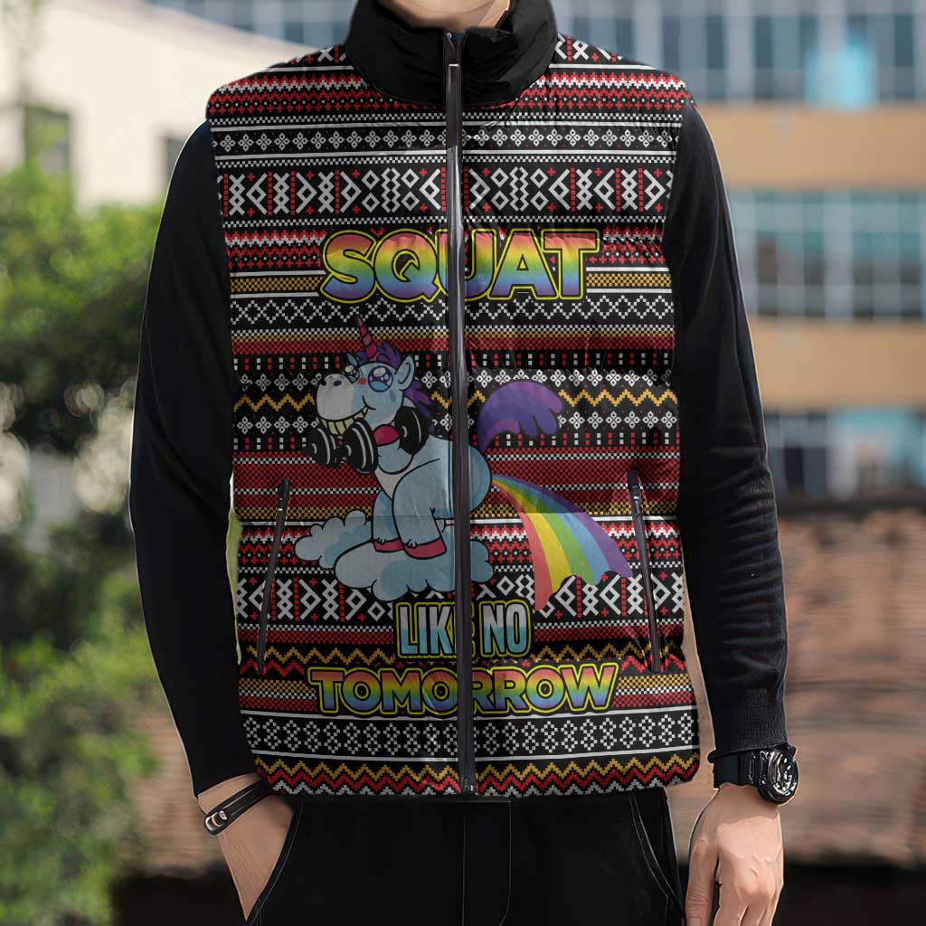 Funny Unicorn Workout Sleeveless Puffer Jacket with Squat Like No Tomorrow Quote and Rainbow Tribal - Wonder Print Shop