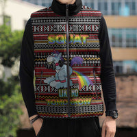 Funny Unicorn Workout Sleeveless Puffer Jacket with Squat Like No Tomorrow Quote and Rainbow Tribal - Wonder Print Shop