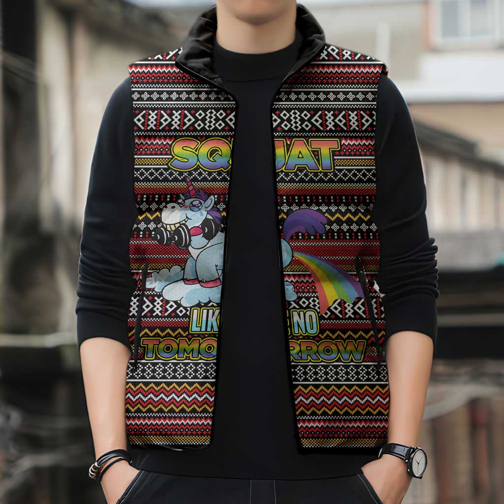 Funny Unicorn Workout Sleeveless Puffer Jacket with Squat Like No Tomorrow Quote and Rainbow Tribal - Wonder Print Shop