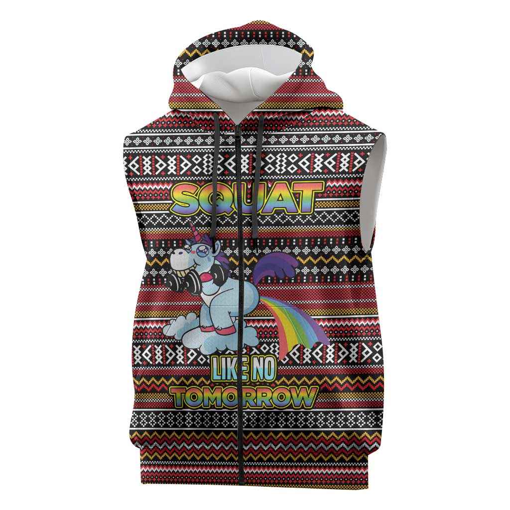 Funny Unicorn Workout Sleeveless Zip Hoodie with Squat Like No Tomorrow Quote and Rainbow Tribal - Wonder Print Shop