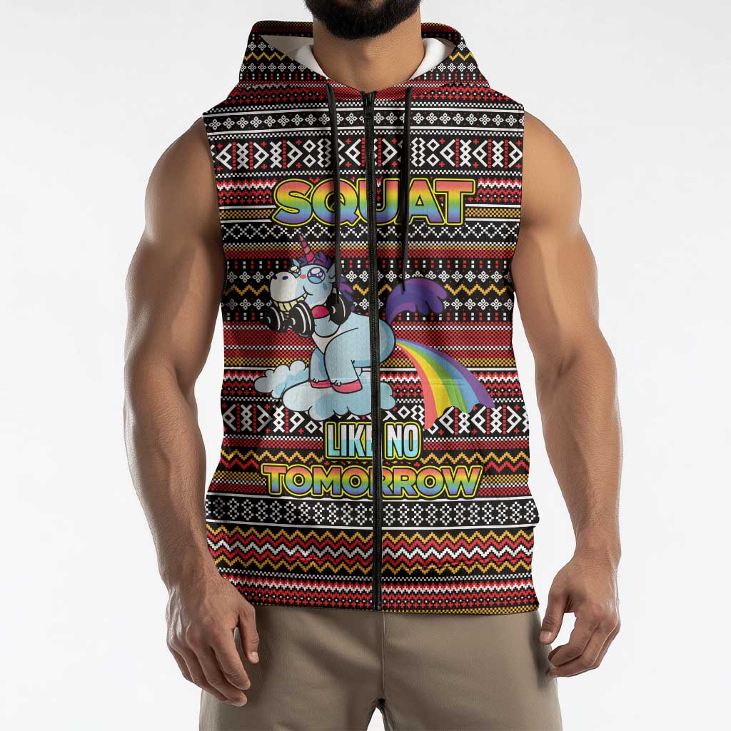 Funny Unicorn Workout Sleeveless Zip Hoodie with Squat Like No Tomorrow Quote and Rainbow Tribal - Wonder Print Shop